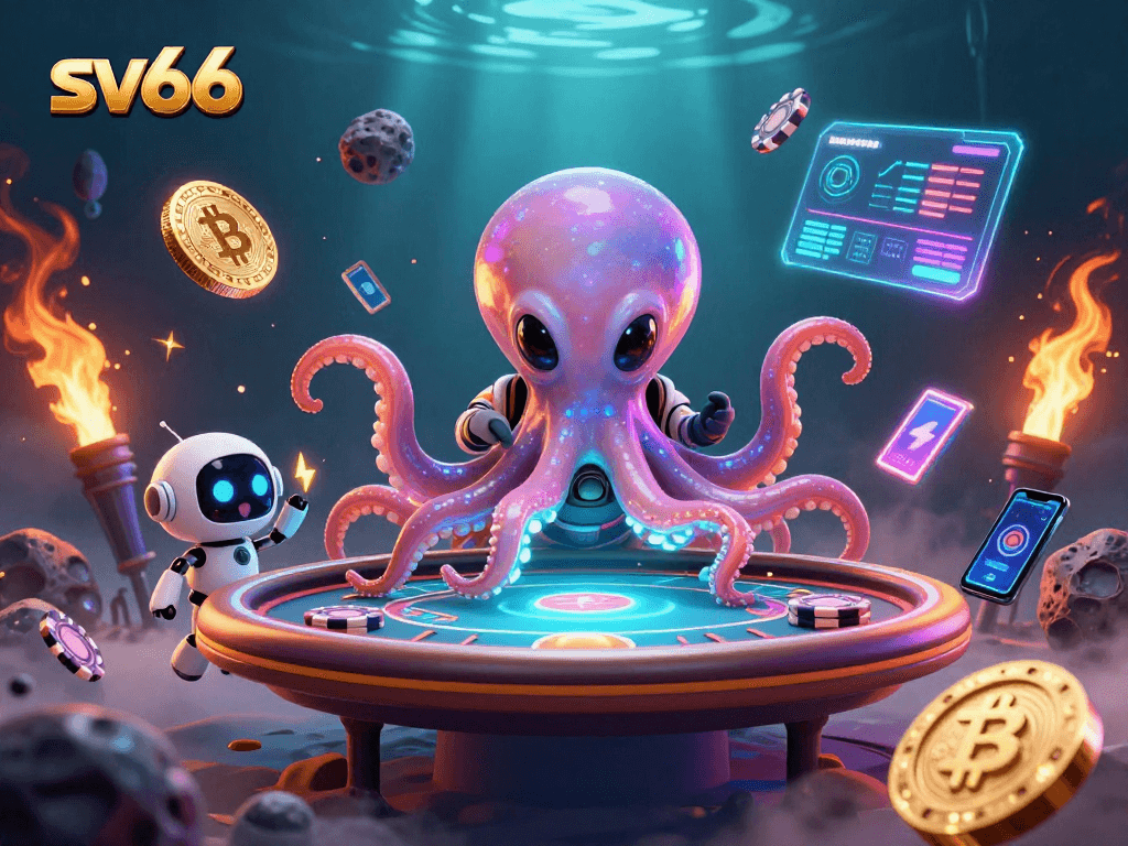 sv66 showcases an alien octopus at a holographic poker table, highlighting exciting gambling elements
