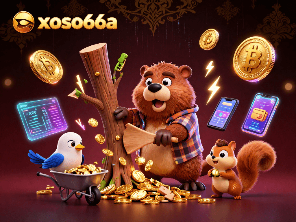 Experience the thrilling features of xoso66a with animated characters amid gold coins and crypto elements.