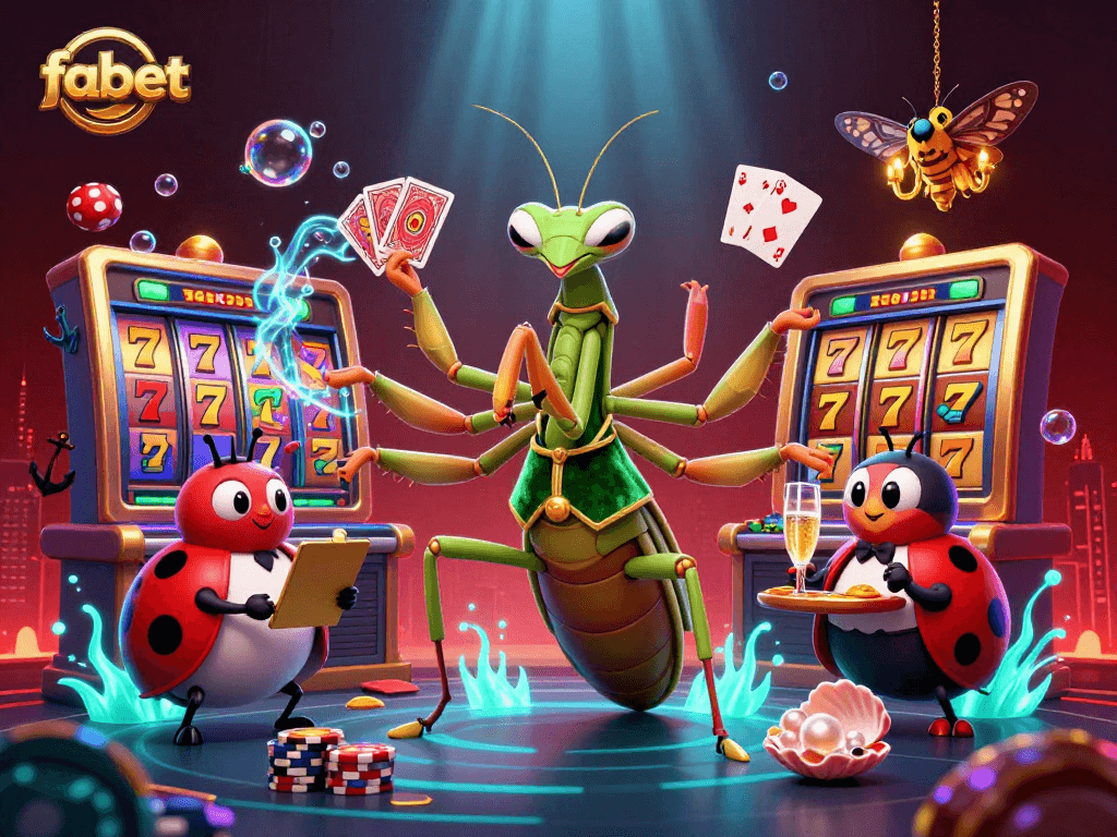 Play with fabet's vibrant 3D casino scene featuring games, cards, and winning prizes.