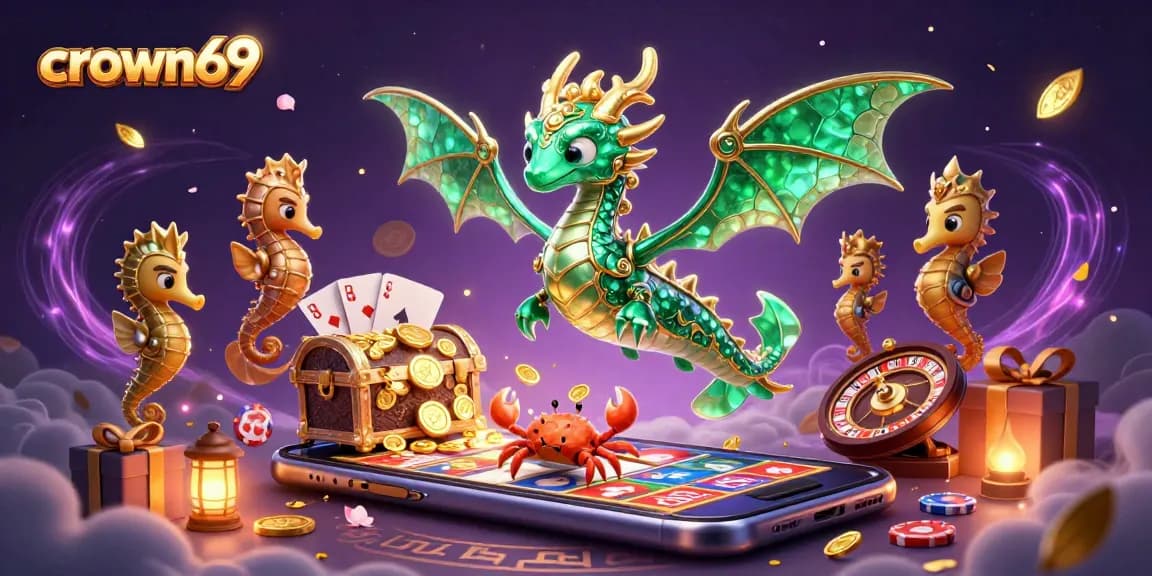 Crown69's vibrant 3D casino scene featuring a sea dragon, seahorse guards, and rich gaming elements