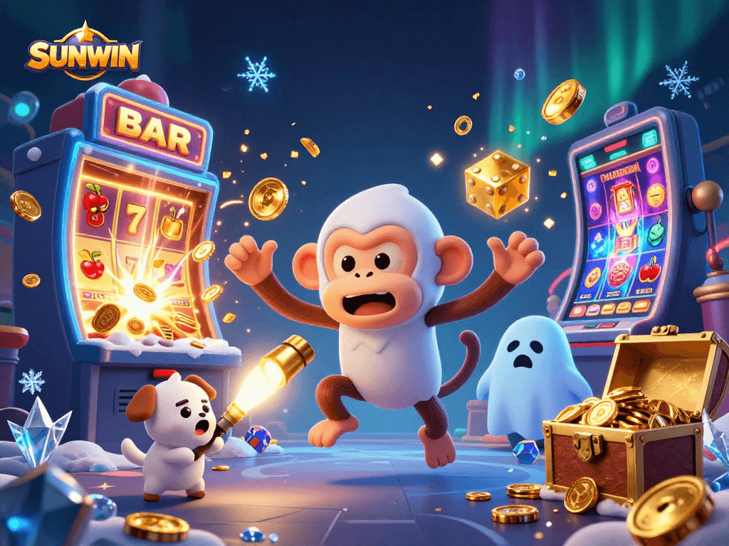 SUNWIN showcases an exciting scene with a playful poltergeist monkey and curious puppy in a vibrant casino.