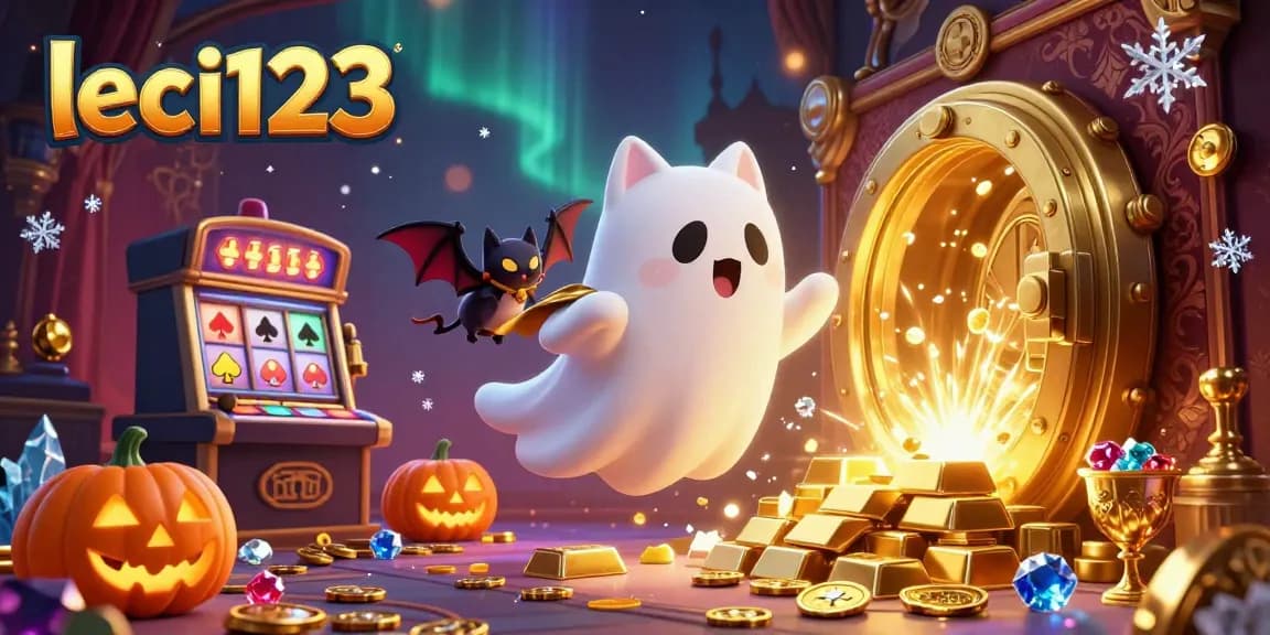 Engage with leci123 by exploring a lively haunted casino scene featuring playful characters and shimmering treasures.