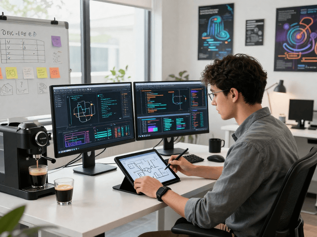 Explore crush ai in a modern workspace with a data scientist using dual monitors for machine learning.
