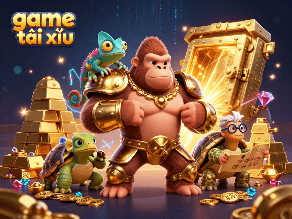 Engaging game tài xỉu scene with a powerful gorilla, chameleon, and tortoise amidst treasures and vibrant lighting.