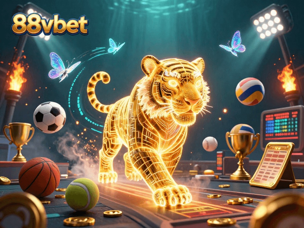 Experience thrilling gaming at 88vbet with a captivating digital casino scene, sports action, and vibrant elements.