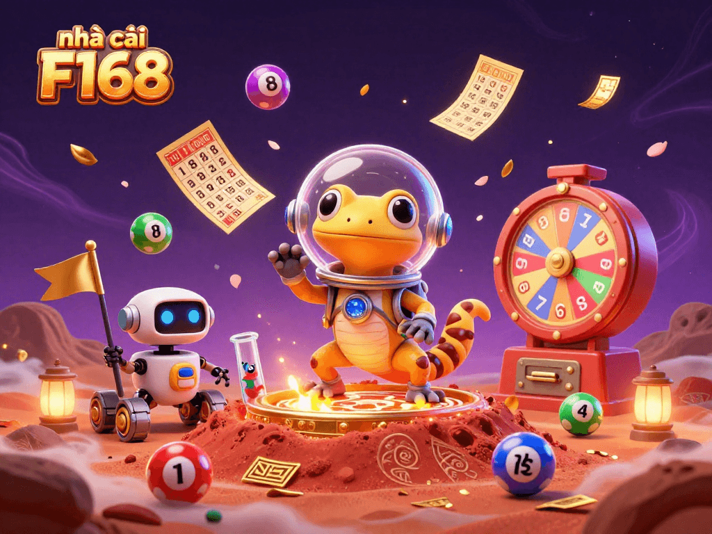 Experience the vibrant energy of nhà cái F168 in a golden casino with colorful lottery elements.