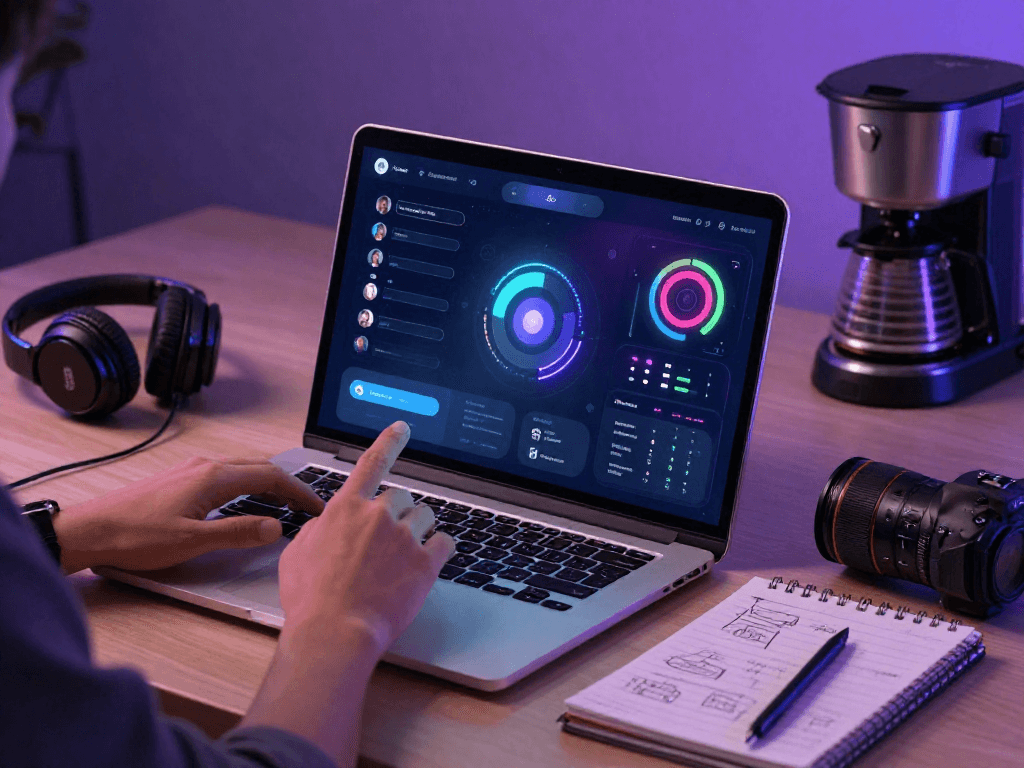 Engaging user interacting with a juicy ai chat application interface in a modern workspace.