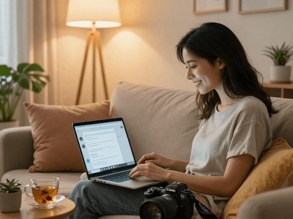 Enjoying a lively sex chat ai conversation in a cozy home setting.