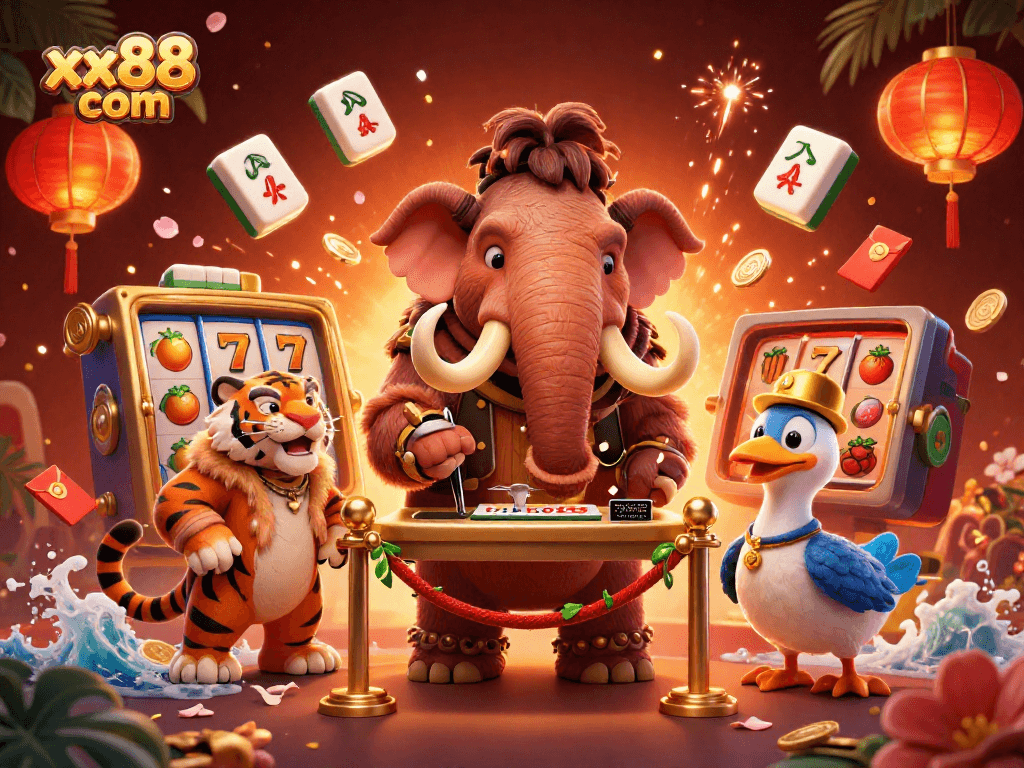 Experience excitement at xx88 com with a vibrant casino scene featuring a woolly mammoth bouncer and a saber-tooth VIP.