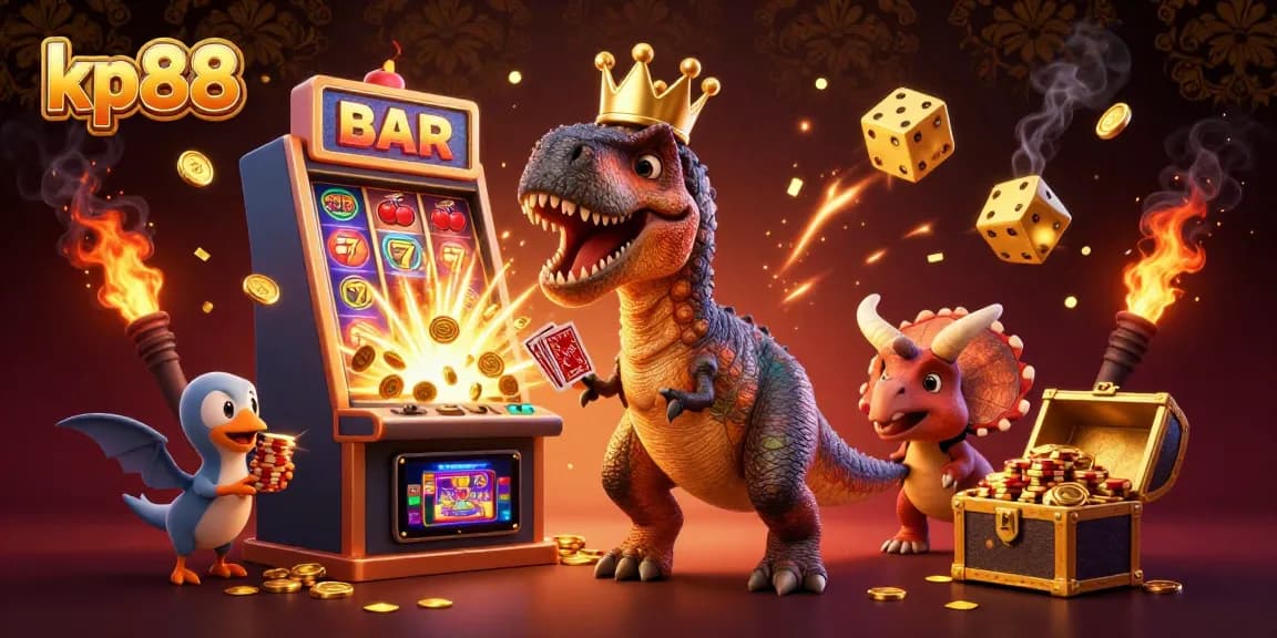 Engage in thrilling play with kp88 featuring a T-Rex shuffling cards amid a slot machine jackpot explosion.