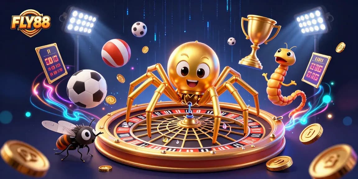 Spin the wheel of fortune at FLY88 with a golden spider dealer and dynamic sports elements.