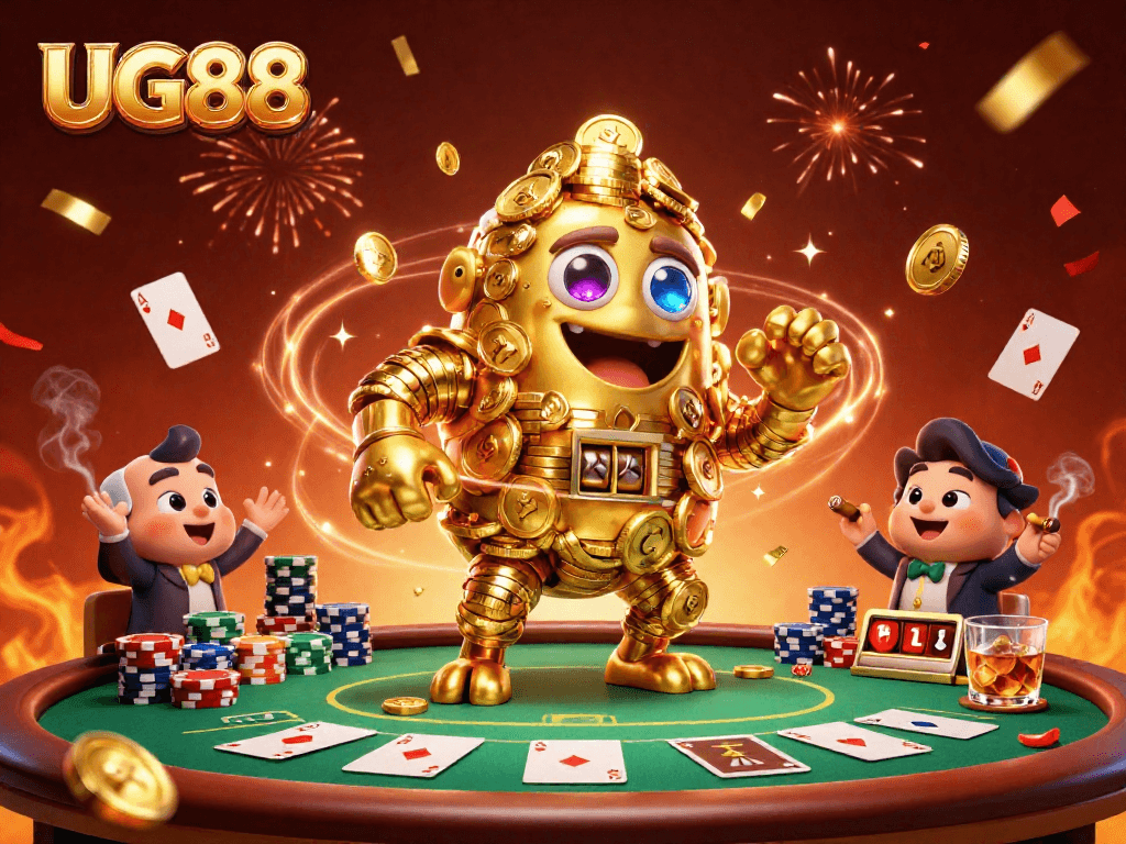 Experience thrilling gaming at UG88 with an interactive 3D scene showcasing vibrant poker elements.