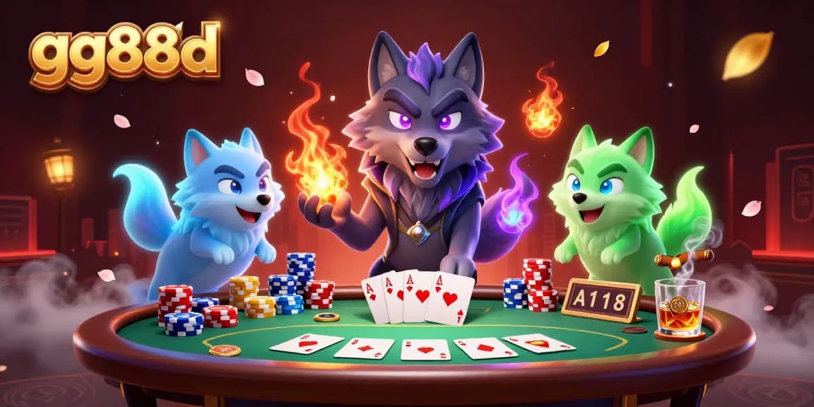 Engage with gg88d's thrilling poker scene featuring spectral wolves and vibrant casino elements.