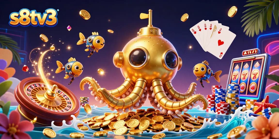 S8tv3 enhances betting excitement with a stunning kraken submarine amidst a gold coin sea.