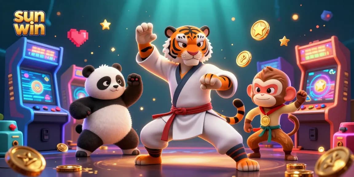 Experience the thrill of sun win with an action-packed casino scene featuring engaging 3D characters.