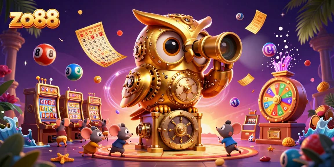 Test your luck at zo88 with vibrant lottery balls and a playful owl overseeing a bustling casino scene.