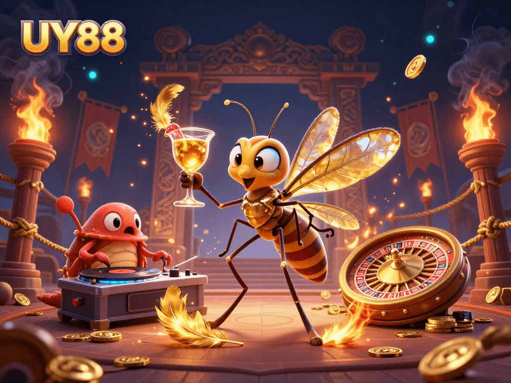 Experience thrilling wins at UY88 with vibrant casino characters in an action-packed scene.