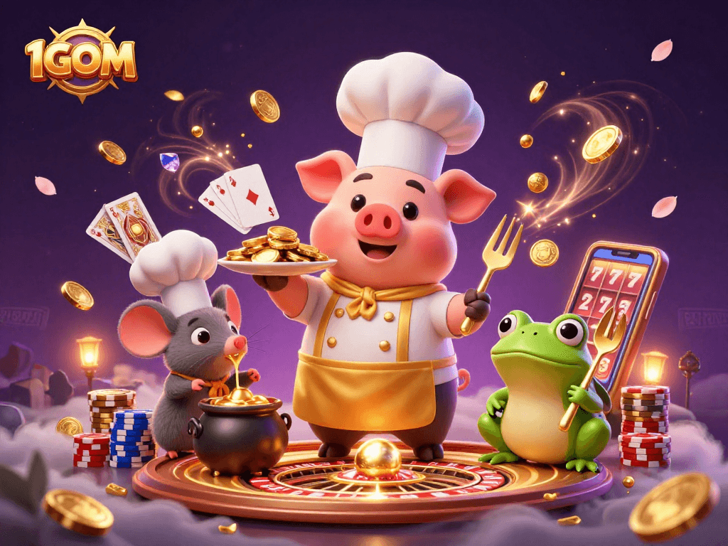 Engaging 1GOM scene with a chef pig serving gold, gems, and dynamic casino elements.
