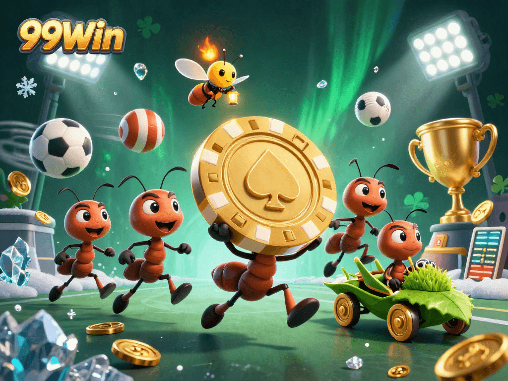 99Win showcases a dynamic heist scene with ants carrying a giant golden poker chip amidst vibrant casino elements.