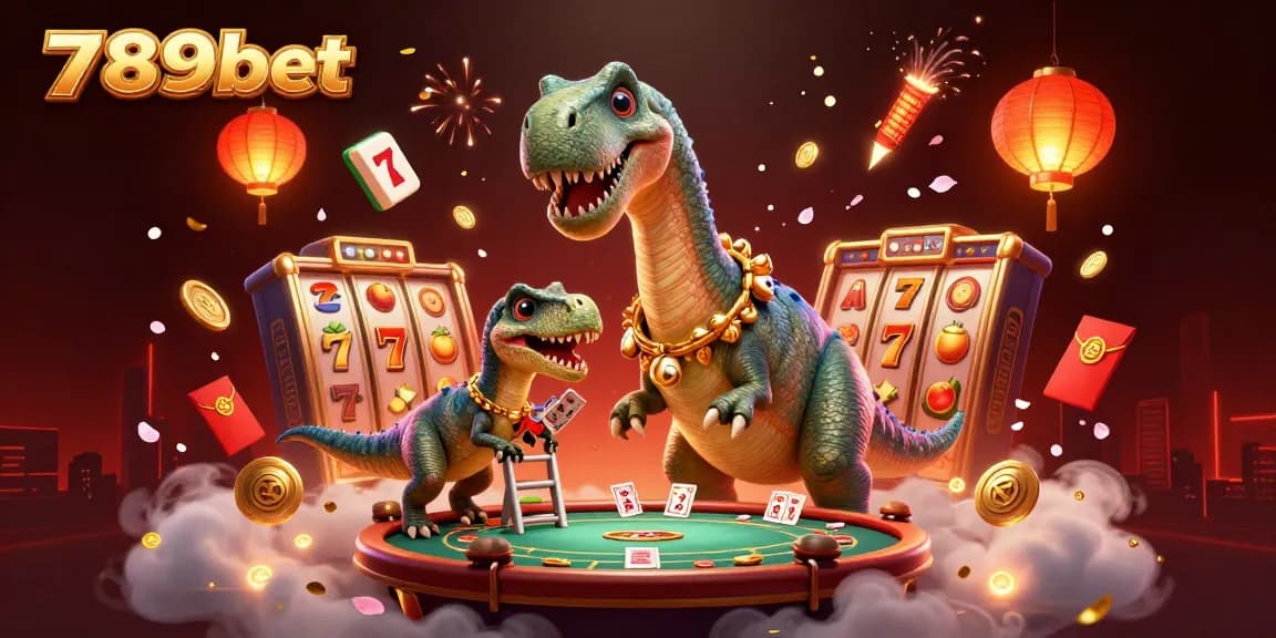 Explore dynamic gaming with 789bet as a brontosaurus overshadows a poker table in vibrant illustration.