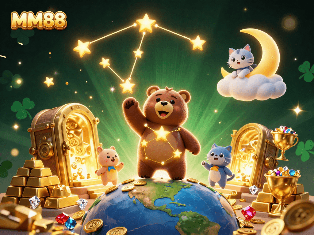Experience MM88's immersive gaming world with vibrant 3D casino characters and treasures.