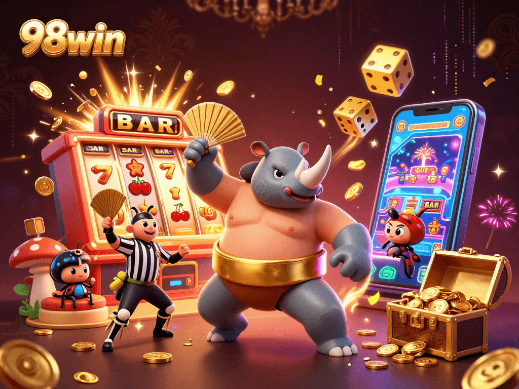 Experience thrilling 98win moments with a sumo beetle champion and vibrant casino elements.