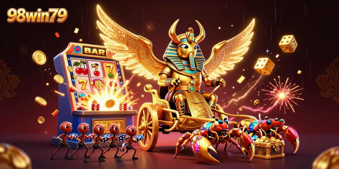 Engage with 98win79’s vibrant casino games showcased in a dynamic 3D illustration.