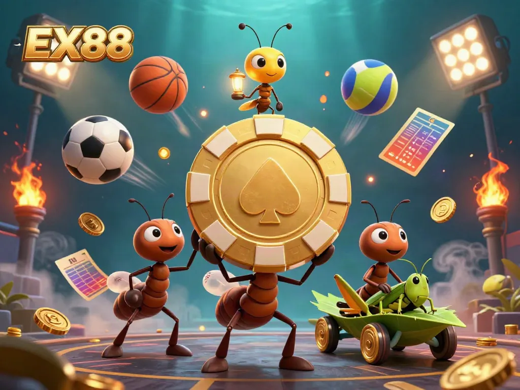 Ants heist for EX88 casino chip amidst flying sports balls and dramatic lighting.
