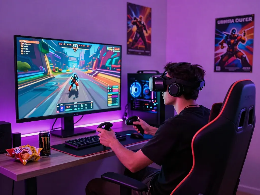 Gamer immersed in intense gameplay on the garuda404 platform with VR headset and dynamic graphics.