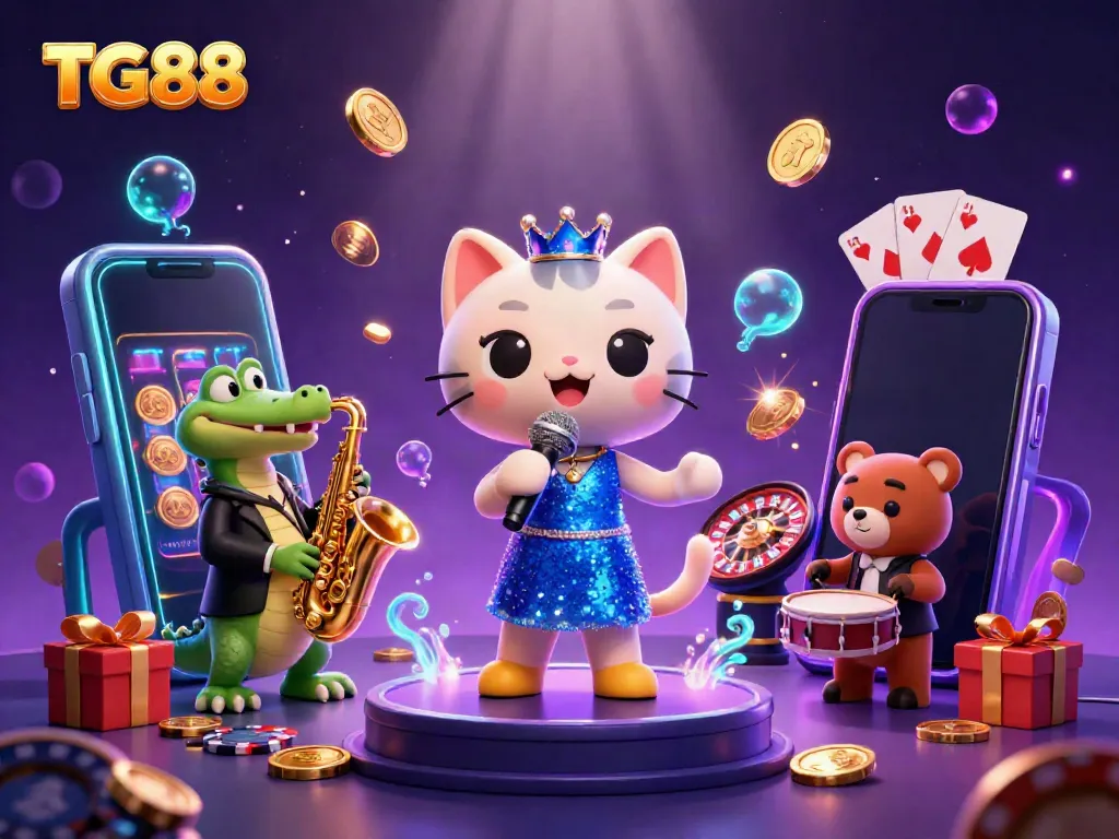 Engage in the vibrant world of TG88 with cartoon characters enjoying a lively casino scene filled with games and excitement.
