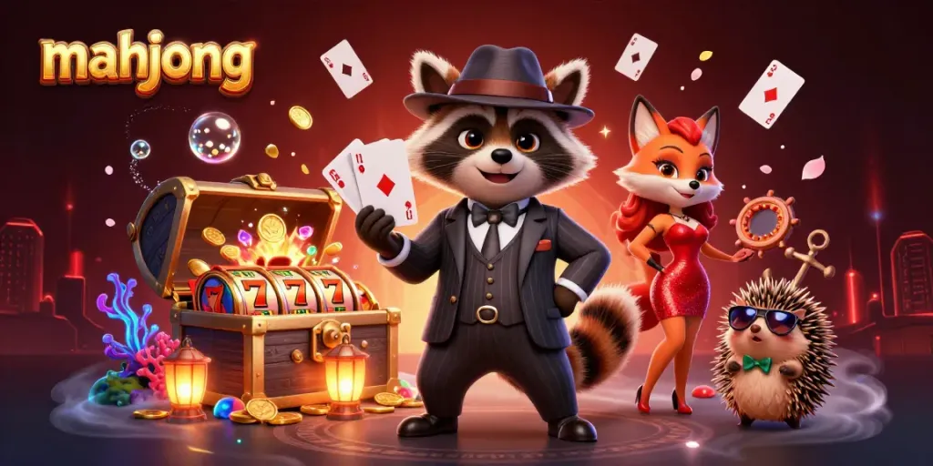 Menangkan permainan mahjong dengan rakun, rubah, dan landak, dikelilingi oleh harta karun dan simbol slot.