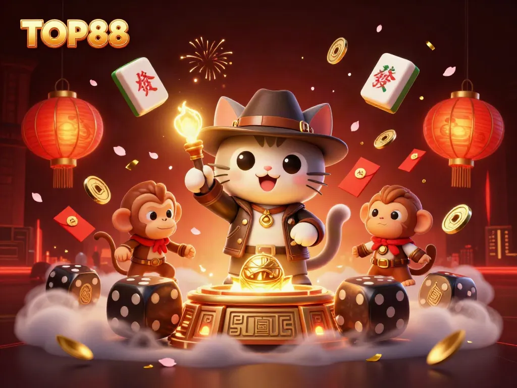 Engage with TOP88's thrilling adventures in this vibrant casino-themed illustration featuring treasure and excitement.
