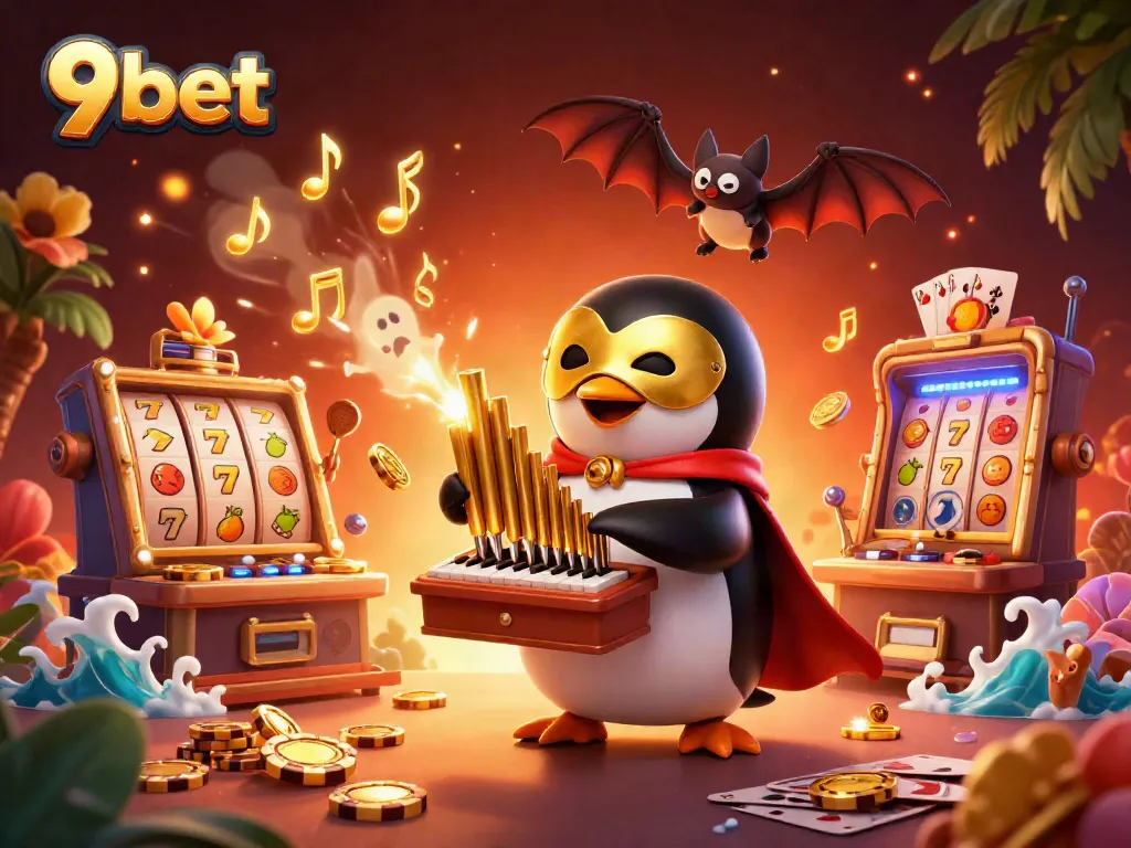 Experience the thrill of 9bet gaming through a vibrant scene of a penguin playing a golden pipe organ amid casino excitement.