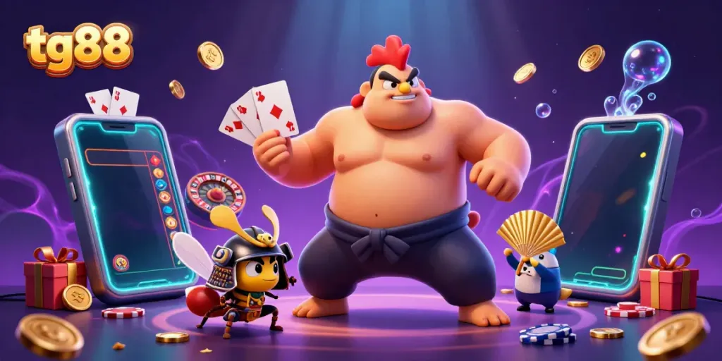 The tg88 website features a dynamic casino scene with a powerful sumo rooster, cricket, and tanuki amidst vibrant slot game elements.