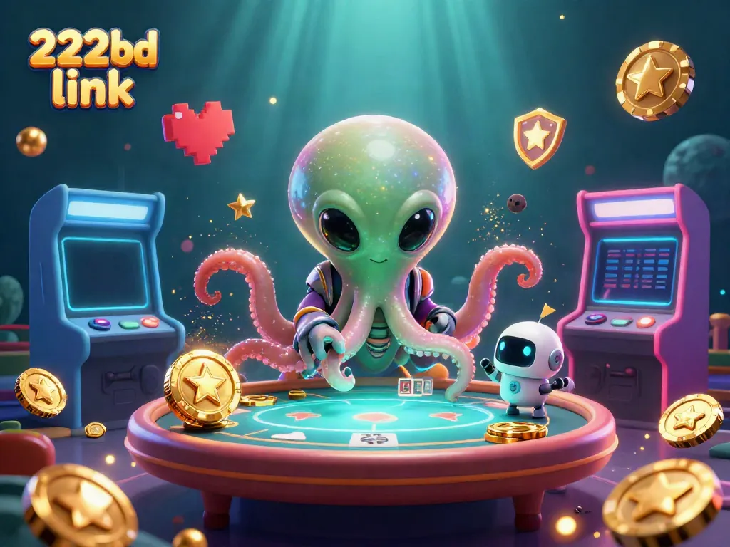 Engage with the 222bd link in this immersive casino-themed illustration featuring a playful alien octopus at a poker table.