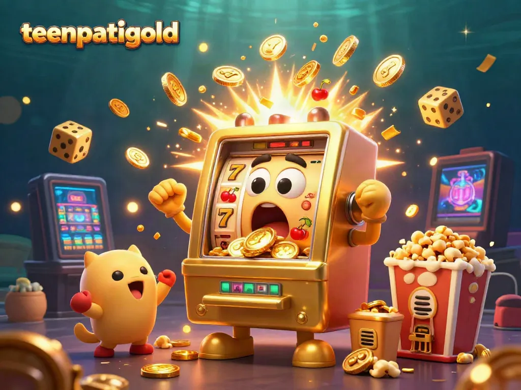 Experience the excitement of teenpatiigold with a joyful golden slot machine celebrating its jackpot amidst vibrant casino elements.