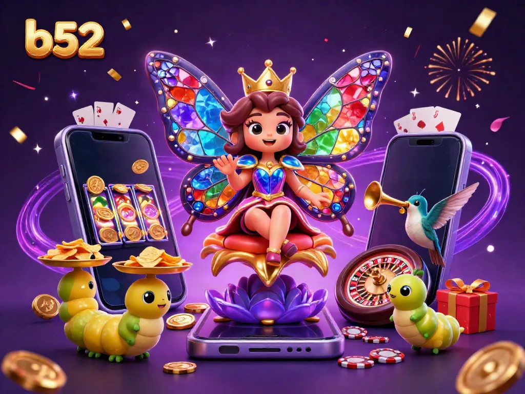 Engage with the vibrant b52 casino world featuring a butterfly queen, candy-colored slots, and sparkling energy.
