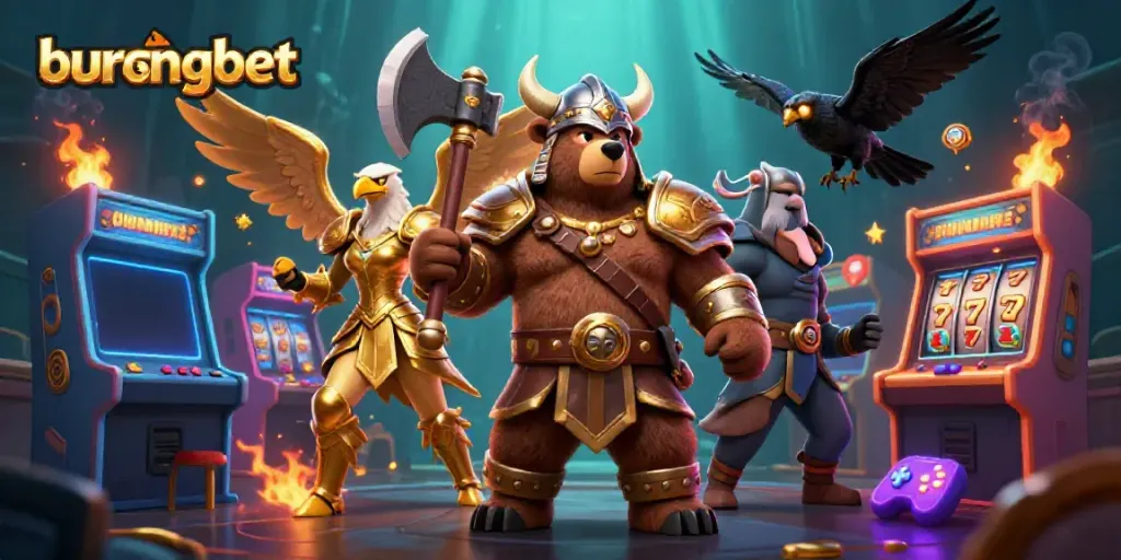 Burungbet menampilkan petualangan permainan slot dengan karakter Viking dan mesin arcade di kasino.