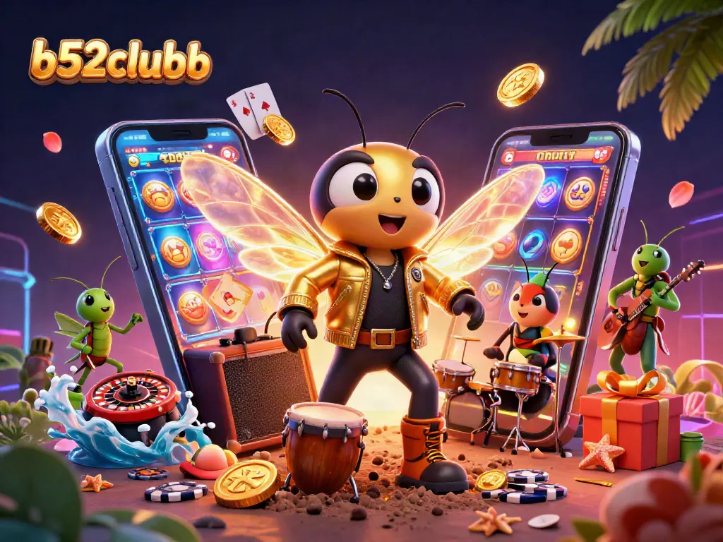 b52clubb captivates with a dynamic scene featuring a cicada rock star, beetle drummer, and crickets amidst spinning slot machines.