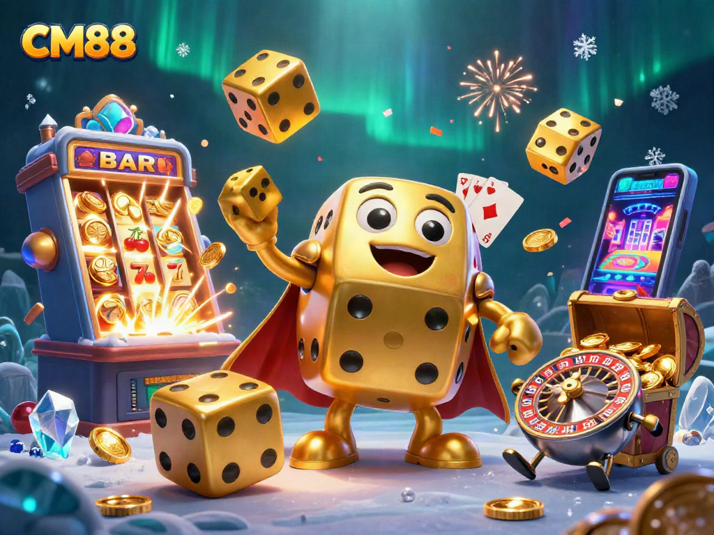 CM88 Casino Adventure with golden dice, jackpot slots, and vibrant casino elements.