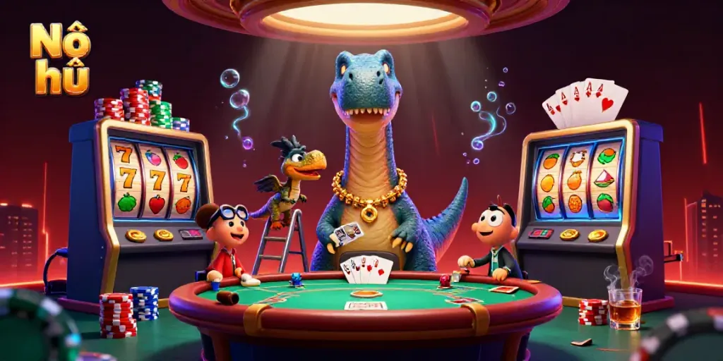 Nổ hũ brontosaurus overlooking a vibrant casino scene with dynamic slot elements and poker details.