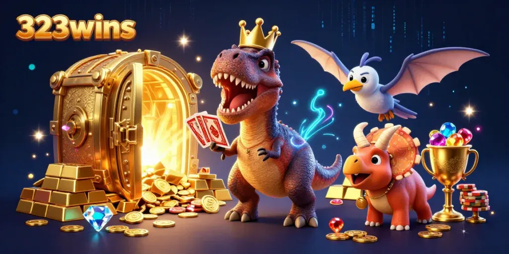 Experience vibrant gaming with 323wins as dinosaur characters shuffle cards and pile golden chips.