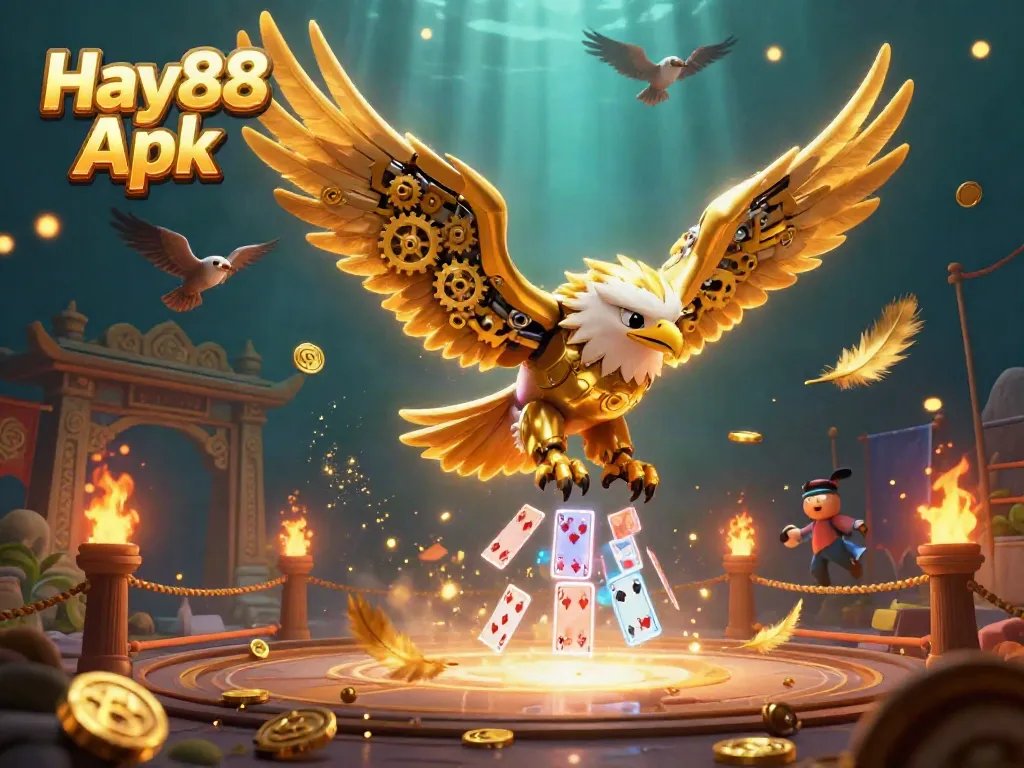 Experience Hay88 Apk in this dynamic 3D casino scene featuring a golden eagle amid playing cards and animated gambling elements.