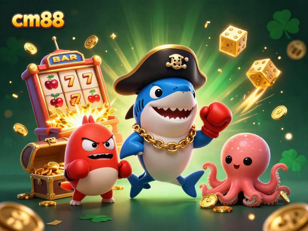 Spin to win with cm88's vibrant pirate-themed jackpot party, showcasing colorful cartoon characters and casino elements.