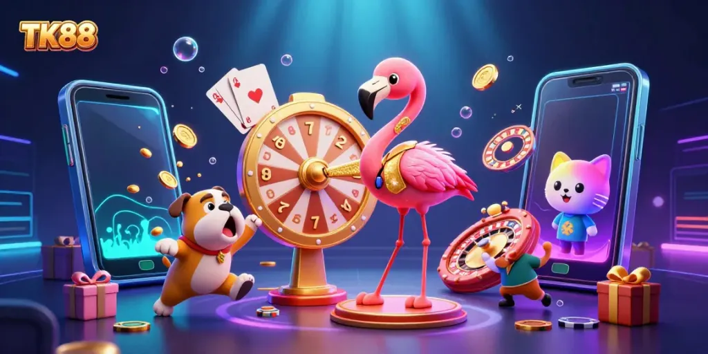 Energetic TK88 game show scene with a flamingo host, bulldog contestant, and lively prizes.
