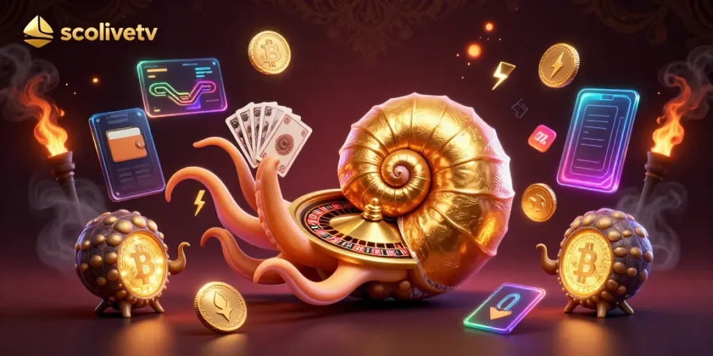 Engage with SocoliveTV's vibrant 3D depiction of a nautilus roulette wheel and crypto elements in action.