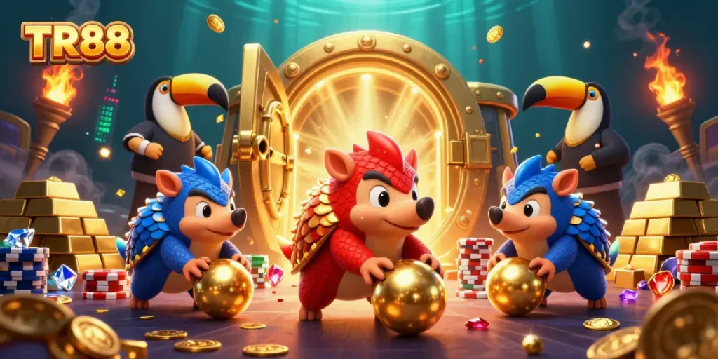 Experience TR88 excitement as rival pangolins bowl through poker chips amid golden treasure.