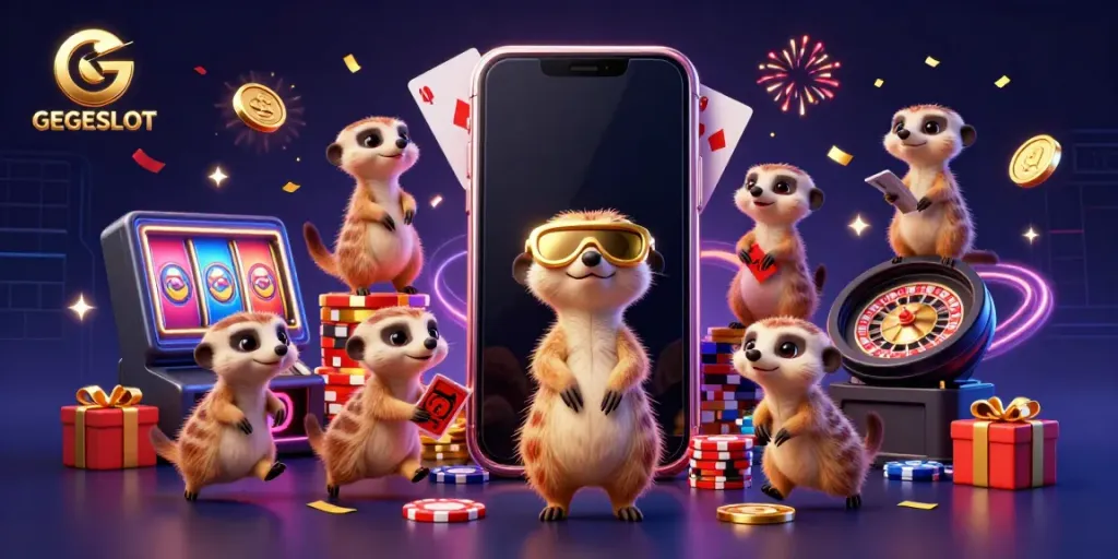 Experience GEGESLOT's dynamic cartoon casino with meerkats managing games and celebrating wins.
