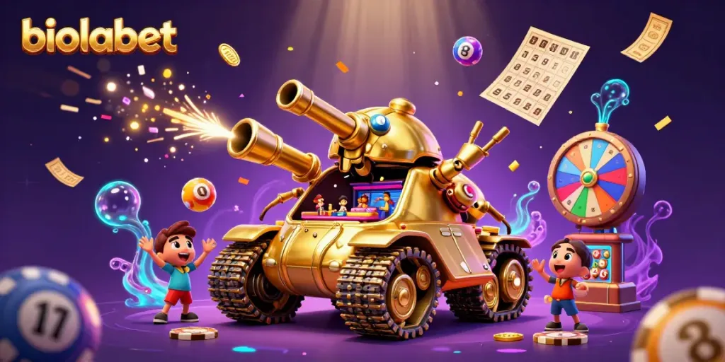 Experience the excitement of biolabet with a dynamic casino scene featuring vibrant gaming elements and confetti.