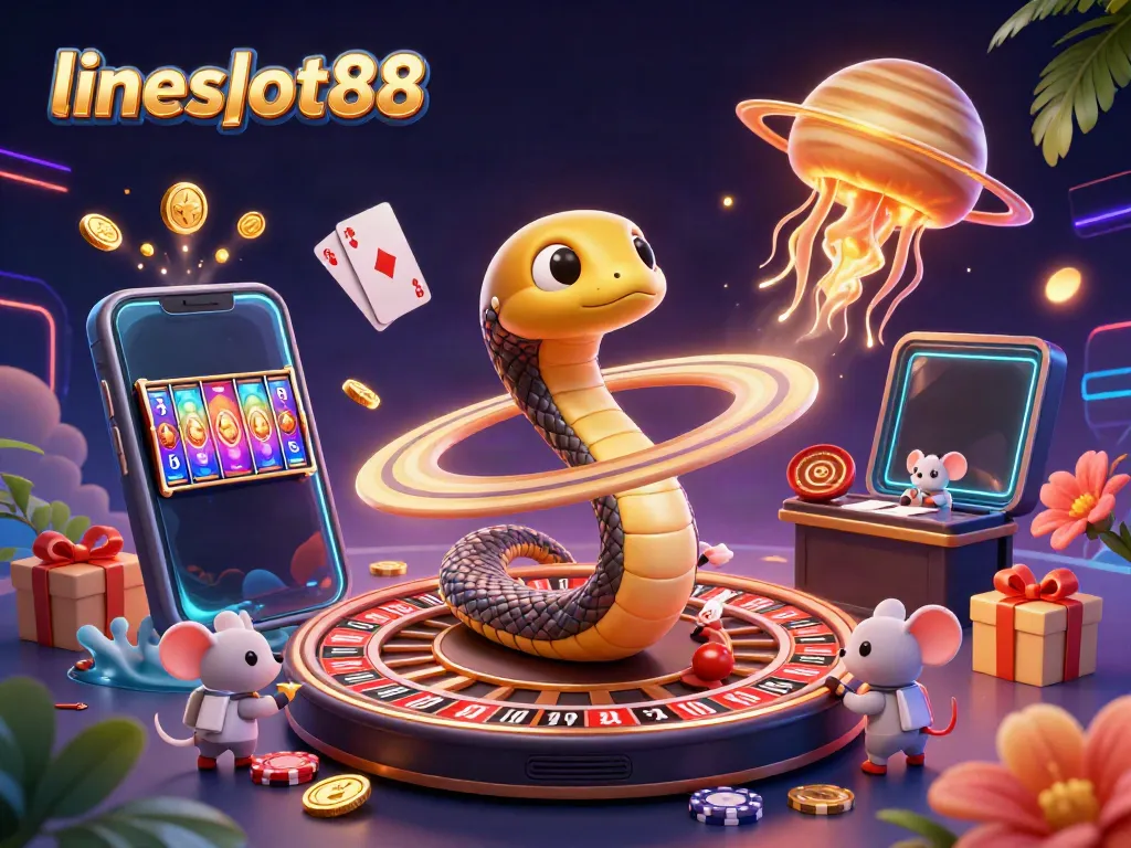 Experience the thrilling universe of lineslot88 with a cosmic dealer and whimsical astronauts in this vibrant casino scene.